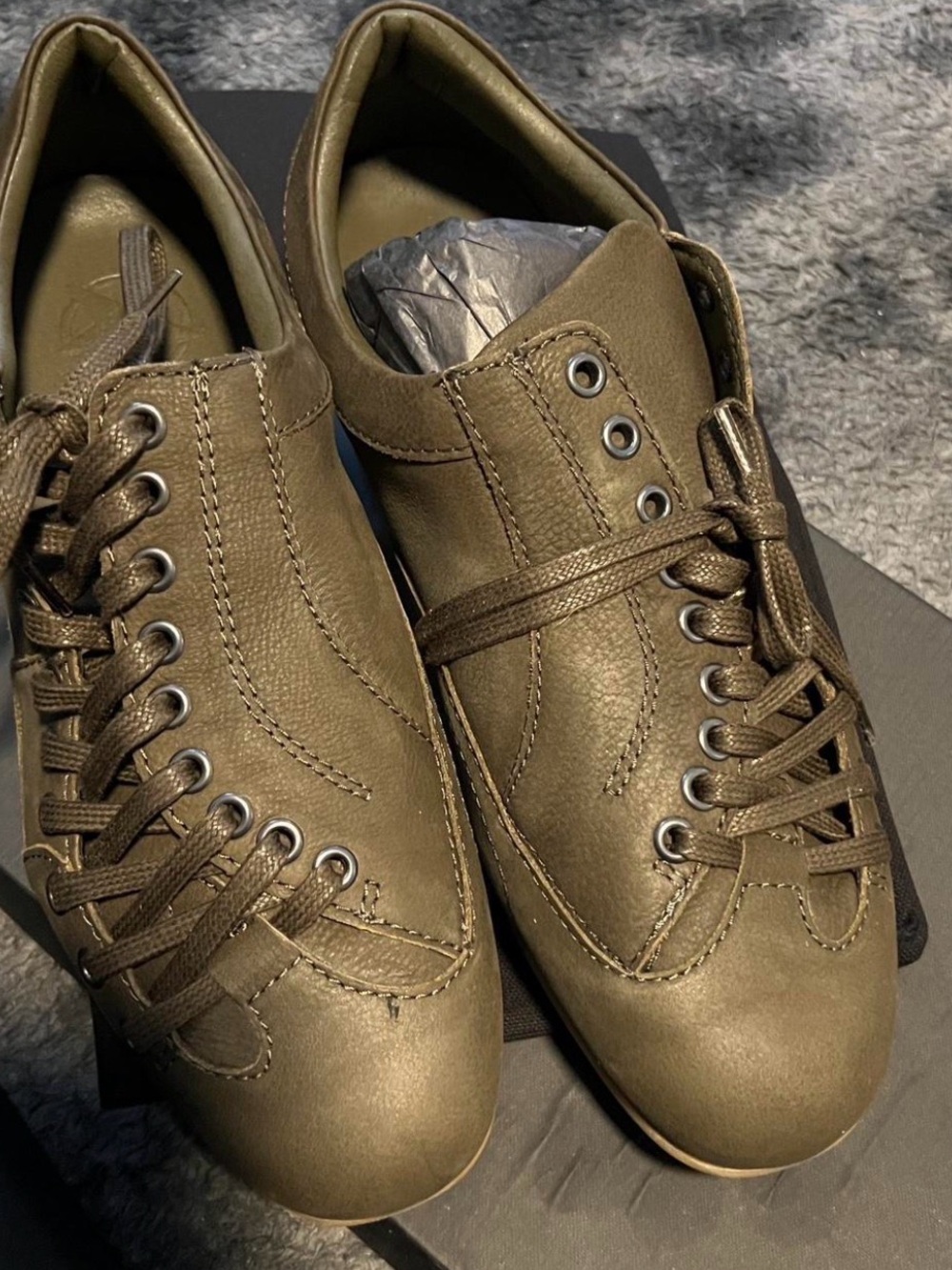 Men's Olive Green Leather Slip-On Loafers with Lace Detail